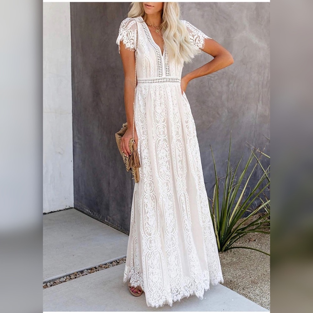 Women's V Neck Floral Lace Dress Short Sleeve
